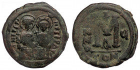 Justin II, with Sophia. 565-578. AE Follis 40 Nummi Constantinople mint (Bronze 12.68 g. 30 mm ) Constantinople mint, 
1st officina. Dated RY 6 (570/1...