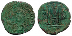 Maurice Tiberius. 582-602. AE Follis ( Bronze. 18.95 g. 33 mm). Constantinople mint, 2nd officina. Dated RY 20 (601/2). 
Crowned bust facing, wearing ...
