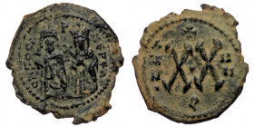 Phocas, with Leontia. 602-610. Half Follis ( Bronze. 5.16 g. 23 mm) AE
Phocas and Leontia standing facing; cross above
Rev: Large XX;
DOC 93; MIBE 85;...