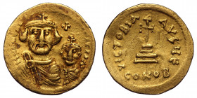Heraclius, with Heraclius Constantine, 610-641. Solidus (Gold, 4.45 g . 21 mm), Constantinopolis, circa 613-616. 
Draped and short-bearded bust of Her...