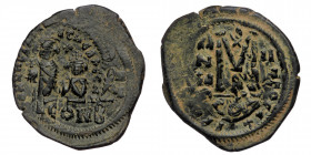 Heraclius (610-641) AE Follis (Bronze, 32mm, 11,94g) Constantinople Mint, Year 4 (?) (613/4 A.D.) Overstruck on a Follis of Phocas. 
Obv: Heraclius an...