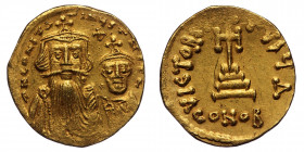 Constans II, with Constantine IV, Heraclius, and Tiberius, 641-668. Solidus (Gold, 4.50 g. 21 mm), Constantinopolis, circa 659-661. 
Facing bust of Co...