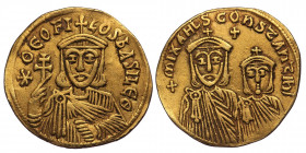 Theophilus, with Constantine and Michael II, 829-842. Solidus (Gold. 4.34 g. 22 mm), Constantinopolis, 830/1-840. 
✱ΘЄOFILOS bASILЄ'Θ Facing bust of T...
