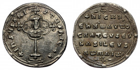 Nicephorus II Phocas AD 963-969. Constantinople Miliaresion AR ( Silver. 2.68 g. 23 mm)
+IhSU[S XPI-ST]US nICA and star, cross crosslet on globe above...