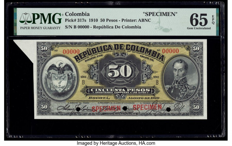 Colombia Banco de la Republica 50 Pesos 1910 Pick 317s Specimen PMG Gem Uncircul...