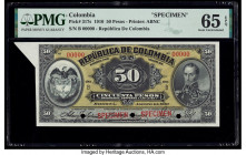 Colombia Banco de la Republica 50 Pesos 1910 Pick 317s Specimen PMG Gem Uncirculated 65 EPQ. Cancelled with three punch holes and selvage included. 

...