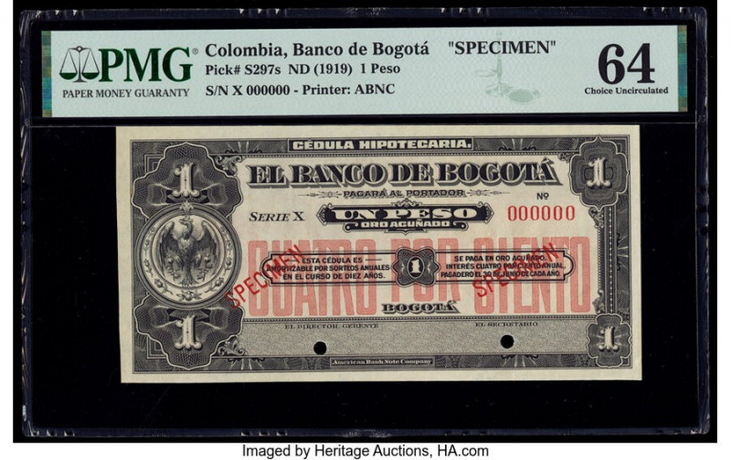 Colombia Banco de Bogota 1 Peso ND (1919) Pick S297s Specimen PMG Choice Uncircu...