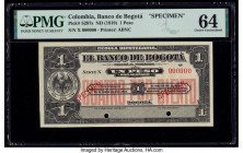 Colombia Banco de Bogota 1 Peso ND (1919) Pick S297s Specimen PMG Choice Uncirculated 64. Cancelled with 2 punch holes.

HID09801242017

© 2020 Herita...
