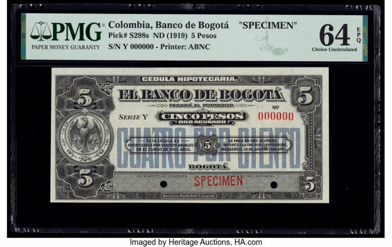 Colombia Banco de Bogota 5 Pesos ND (1919) Pick S298s Specimen PMG Choice Uncirc...