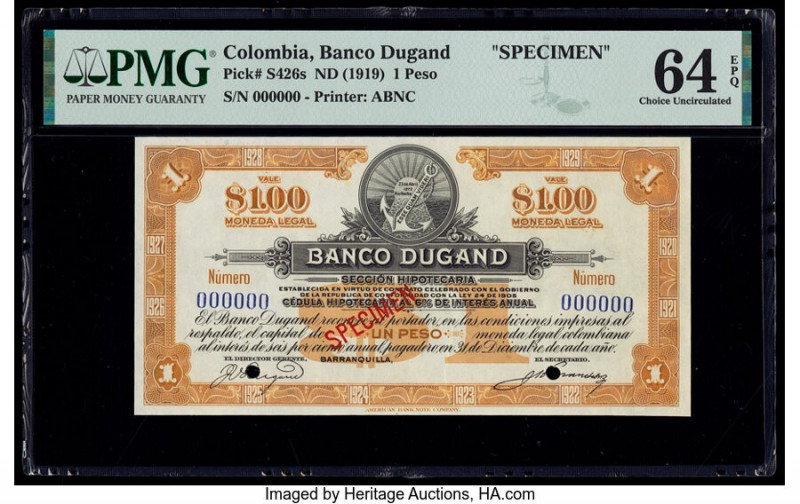 Colombia Banco Dugand 1 Peso ND (1919) Pick S426s Specimen PMG Choice Uncirculat...