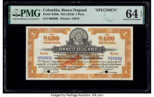 Colombia Banco Dugand 1 Peso ND (1919) Pick S426s Specimen PMG Choice Uncirculated 64 EPQ. Cancelled with 2 punch holes and wrinkles as made. 

HID098...