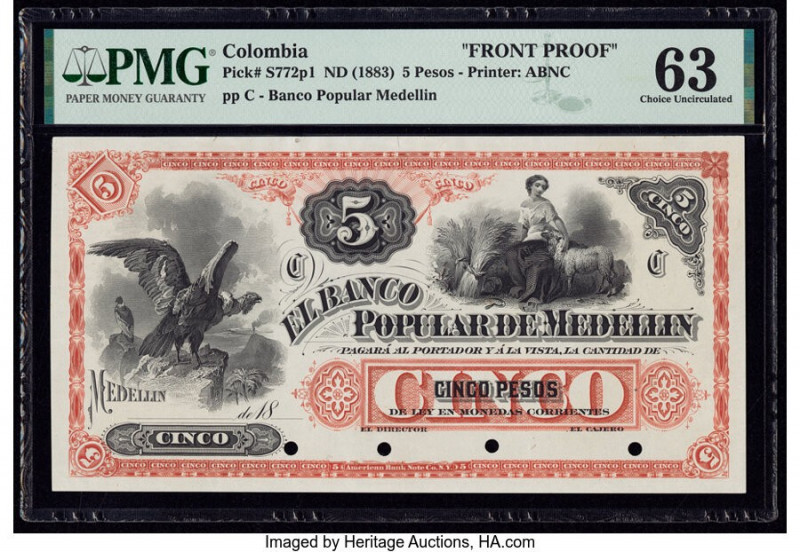 Colombia Banco Popular de Medellin 5 Pesos ND (1883) Pick S772p1 Proof PMG Choic...
