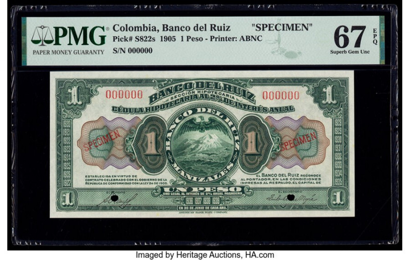 Colombia Banco del Ruiz 1 Peso 1905 Pick S822s Specimen PMG Superb Gem Unc 67 EP...