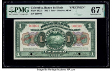 Colombia Banco del Ruiz 1 Peso 1905 Pick S822s Specimen PMG Superb Gem Unc 67 EPQ. Cancelled with 2 punch holes. 

HID09801242017

© 2020 Heritage Auc...