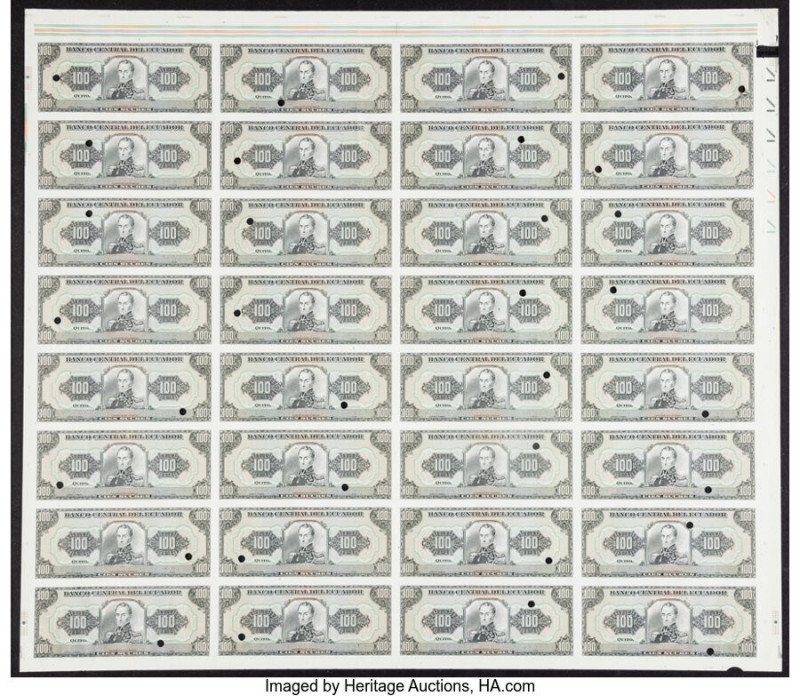 Ecuador Banco Central del Ecuador 100 Sucres ND (1988-97) Pick 123Ap 3 Uncut She...