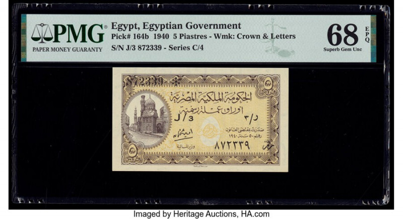 Egypt Egyptian Government 5 Piastres 1940 Pick 164b PMG Superb Gem Unc 68 EPQ. 
...