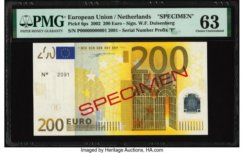 European Union Central Bank, Netherlands 200 Euro 2002 Pick 6ps Specimen PMG Cho...