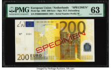 European Union Central Bank, Netherlands 200 Euro 2002 Pick 6ps Specimen PMG Choice Uncirculated 63. Red Specimen overprints and previous mounting are...