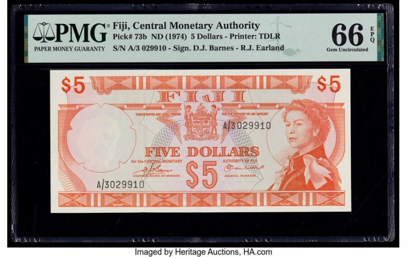 Fiji Central Monetary Authority 5 Dollars ND (1974) Pick 73b PMG Gem Uncirculate...