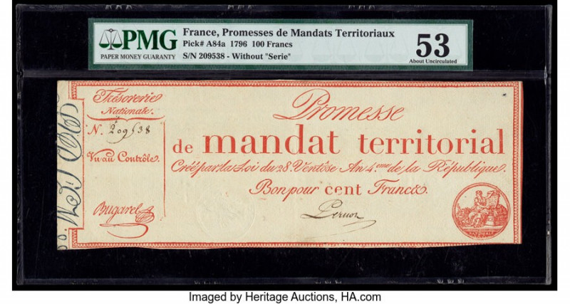 France Promesses de Mandats Territoriaux 100 Francs 1796 Pick A84a PMG About Unc...
