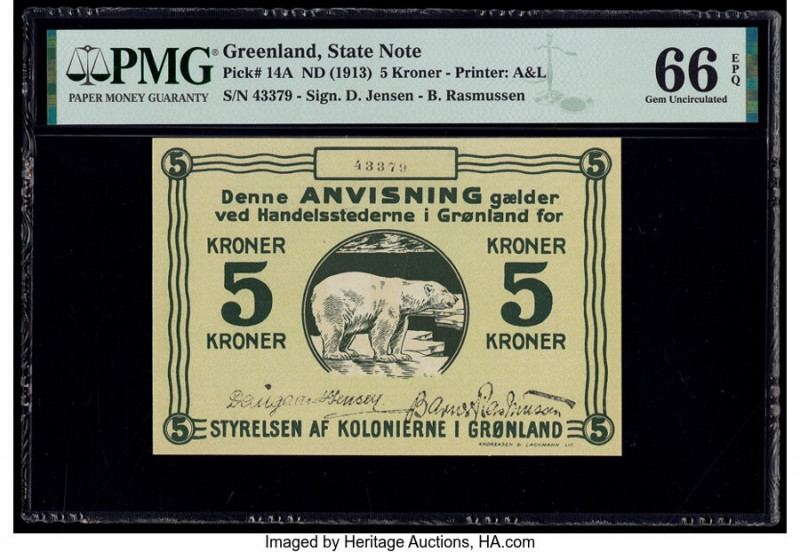 Greenland State Note 5 Kroner ND (1913) Pick 14A PMG Gem Uncirculated 66 EPQ. 

...