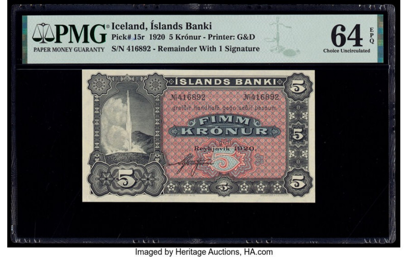 Iceland Islands Banki 5 Kronur 1920 Pick 15r Remainder PMG Choice Uncirculated 6...