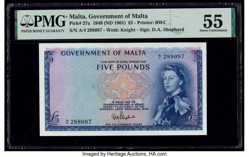 Malta Government of Malta 5 Pounds 1949 (ND 1961) Pick 27a PMG About Uncirculate...