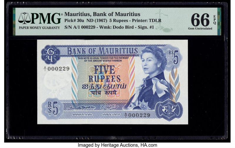 Mauritius Bank of Mauritius 5 Rupees ND (1967) Pick 30a PMG Gem Uncirculated 66 ...