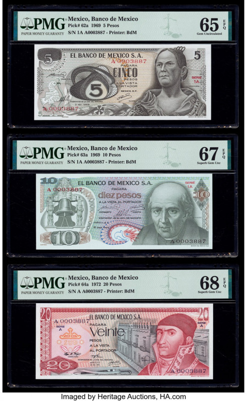 Five Matching Serial Number Examples 0003887 Mexico Banco de Mexico 5; 10; 20; 5...