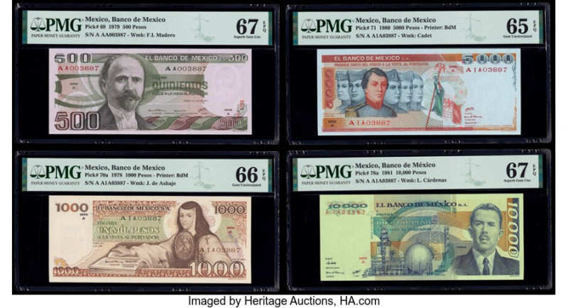 Four Matching Serial Number Examples 0003887 Mexico Banco de Mexico 500; 1000; 5...