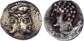 Ancient Greece Cilicia AR Obol 425 - 333 BC
SNG 245; Silver 0.44 g.; Obv.: Helmeted Janus-like double head of Athena. / Rev.: youthful Heracles head ...