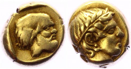 Ancient Greece Lesbos Mytilene EL Hekte 454 - 428 BC
Bodenstedt 51; Gold 2.52 g.; Obv: Laureate head of Apollo right / Rev: Bearded and balding head ...
