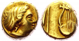 Ancient Greece Lesbos Mytilene EL Hekte 412 - 378 BC
Bodenstedt 79; Gold 2.57 g.; Obv: Head of Muse right, hair in sakkos / Rev: Lyre; AUNC