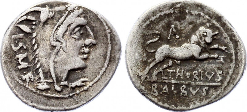 Roman Republic Rome AR Denarius 105 BC
Silver 3.84g 21mm; L. THORIUS BALBUS, 10...