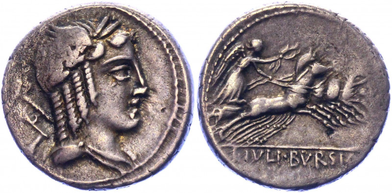 Roman Republic Denarius 85 BC, L. Iulius Bursio
Silver. Weight 3,92 gramm. Obv:...