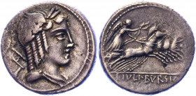 Roman Republic Denarius 85 BC, L. Iulius Bursio
Silver. Weight 3,92 gramm. Obv: Male head right, with the attributes of Apollo, Mercury and Neptune, ...