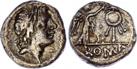 Roman Republic Anonymous AR Quinarius 81 BC
Crawford 373/1b; RSC 227a; Sydenham 609a; Silver 1.59 g.; Obv: Laureate head of Apollo r. / Rev.: Victory...