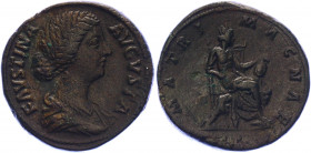 Roman Empire Sestertius 145 - 156 AD, Faustina II
Copper. Weight 26,72 gramm. Obv: FAVSINAE AVGVSTA; draped bust right; RX: MATRI MAGNAE S.C.; Cybele...