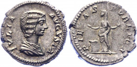 Roman Empire Denarius 199 - 207 AD, Julia Domna
Silver. Weight 3,19 gramm. Obv: IVLIAAVGVSTA - Draped bust right. Rev: PIETASPVBLICA - Pietas standin...