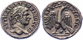 Roman Empire Tetradrachm 215 - 217 AD, Caracalla
Billon. Weight 14,00 gramm. Obv: AYT K M A ANTΩNEINOC C EB. Radiated bust to right. Rev: ΔHMAPX EΞ Y...