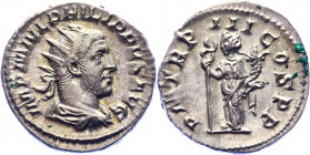 Roman Empire Antoninianus 244 - 249 AD, Philip I
Silver. Weight 4,79 gramm. Obv: IMPMIVLPHILIPPVSAVG - Radiate, draped and cuirassed bust right. Rev:...