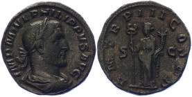 Roman Empire Sestertius 246 AD, Philippe Arab
Copper. Weight 20,00 gramm. Obv: IMPMIVLPHILIPPVSAVG - Laureate, draped bust right. Rev: PMTRPIIICOSPP ...