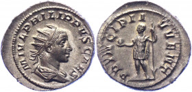 Roman Empire Antoninianus 246 AD, Philip II
Silver. Weight 4,69 gramm. Obv: MIVLPHILIPPVSCAES - Radiate, draped and cuirassed bust right. Rev: PRINCI...