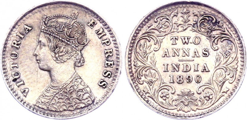 British India 2 Annas 1890 C
KM# 488; Silver 1.44 g.; Victoria; Mint: Calcutta;...