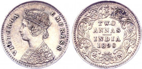 British India 2 Annas 1890 C
KM# 488; Silver 1.44 g.; Victoria; Mint: Calcutta; XF-AUNC