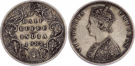 British India 1/2 Rupee 1882 B Rare!
KM# 491; Silver; Victoria; VF-