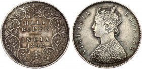 British India 1/2 Rupee 1892 C
KM# 491; Silver; Victoria; XF