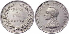 India Portuguese 1 Rupia 1912
KM# 18; Silver 11.65g.; XF+