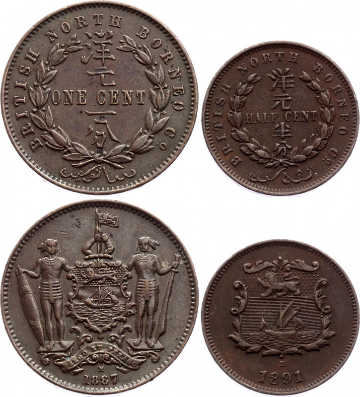 British North Borneo 1/2 & 1 Cent 1887 - 1891 H
KM# 1, 2; XF