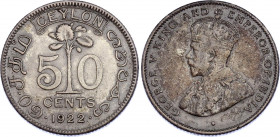 Ceylon 50 Cents 1922
KM# 109a; Silver; George V; VF+